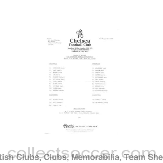 1994 - Chelsea v Watford Reserves official teamsheet 17/10/1994 Football Combination