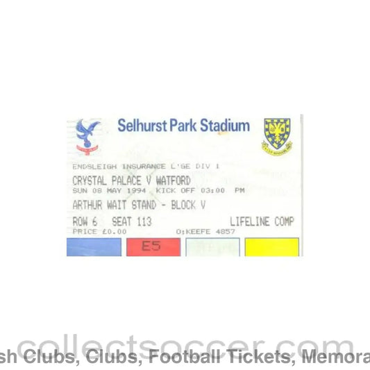 1994 - Crystal Palace v Watford ticket 08/05/1994