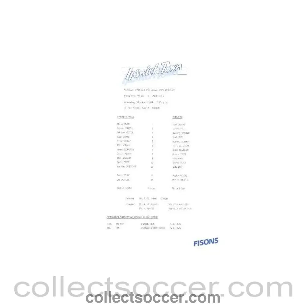 1994 - Ipswich Town v Chelsea official teamsheet 20/04/1994