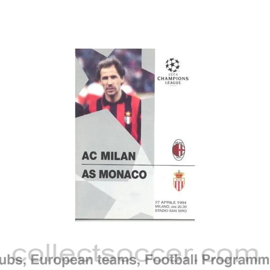 1994 Milan v Monaco official programme 27/04/1994 Champions League