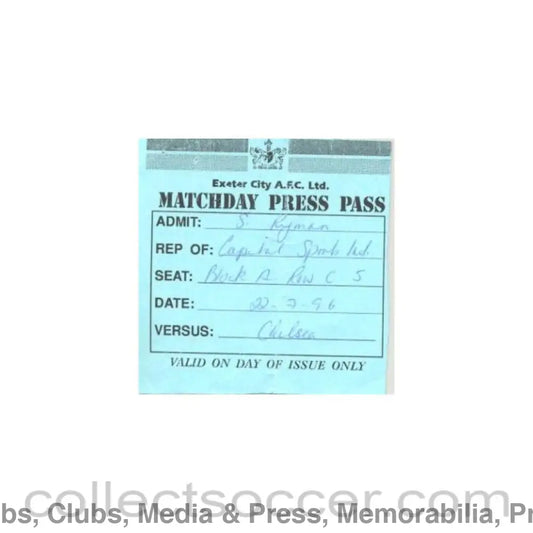 1996 - Exeter v Chelsea press pass 22/07/1996