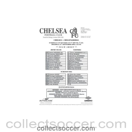 1998 - Chelsea v Helsingborg teamsheet 17/09/1998 Cup Winners Cup