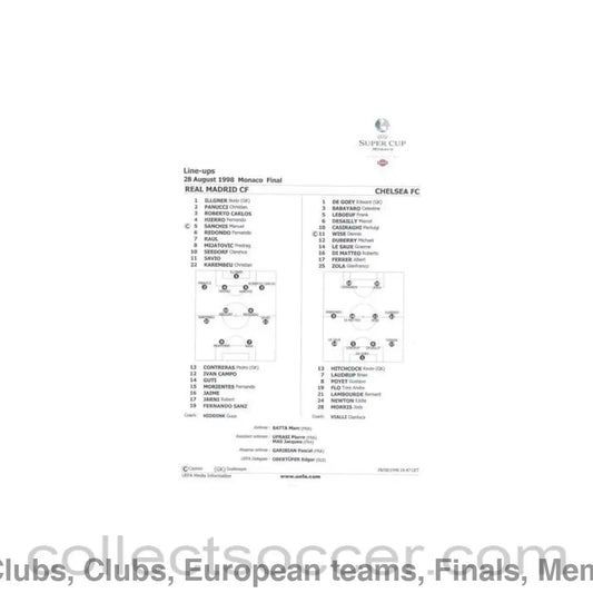 1998 - Real Madrid v Chelsea teamsheet 28/08/1998 Super Cup Final in Monaco