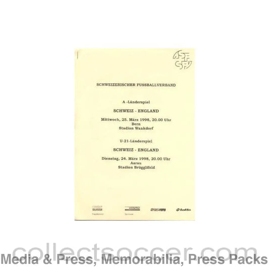 1998 - Switzerland v England press pack 25/03/1998