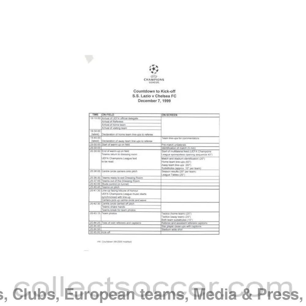 1999 - Lazio v Chelsea Countdown to Kick-off plan 07/12/1999 Champions League