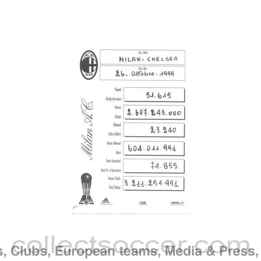 1999 - Milan v Chelsea 26/10/1999 Spectators & Profit Statistics for the Media