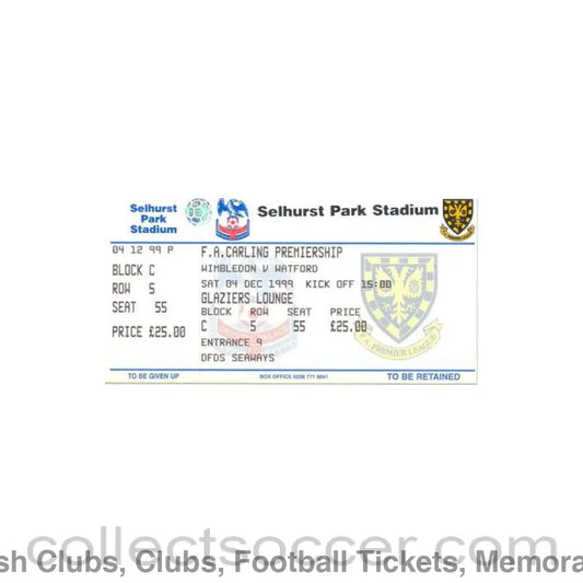 1999 - Wimbledon v Watford unused ticket 04/12/1999 Premier League