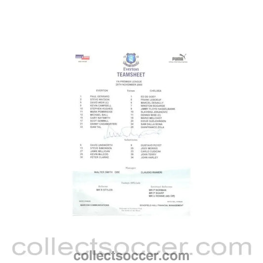 2000 - Everton v Chelsea official colour teamsheet 25/11/2000 Premier League signed