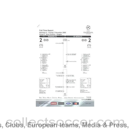 2000 - Glasgow Rangers v Monaco Full Time Report & Player Statistics & Player Summary Statistics 07/11/2000 Champions