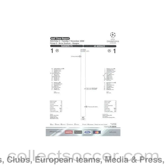 2000 - Glasgow Rangers v Monaco Half Time Report 07/11/2000 Champions League