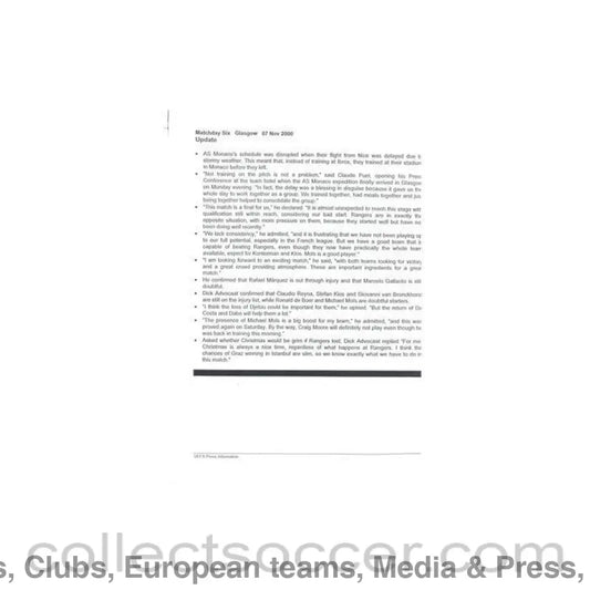 2000 - Glasgow Rangers v Monaco update for the media 07/11/2000 Champions League