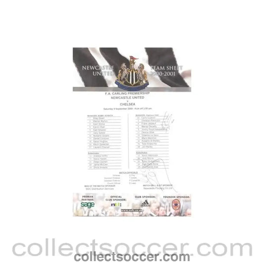 2000 - Newcastle United v Chelsea official colour teamsheet 09/09/2000 Premier League signed