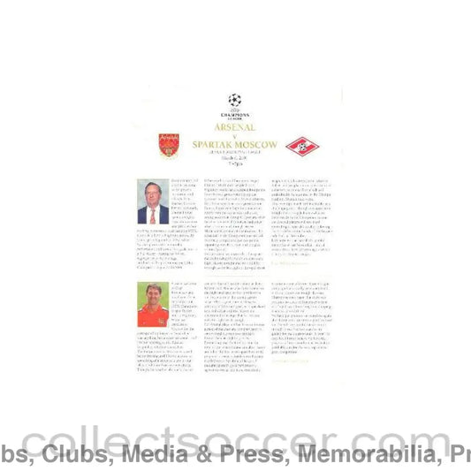 2001 - Arsenal v Spartak Moscow official press pack 06/03/2001