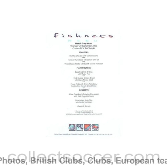 2001 - Chelsea v Levski Sofia Bulgaria Fishnets menu 20/09/2001