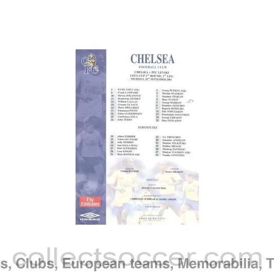2001 - Chelsea v Levski Sofia Bulgaria official colour teamsheet 20/09/2001 UEFA Cup