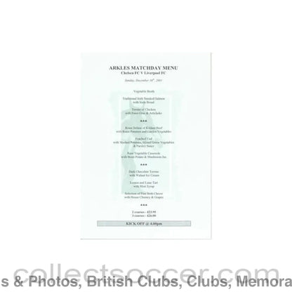 2001 - Chelsea v Liverpool Arkles menu 16/12/2001
