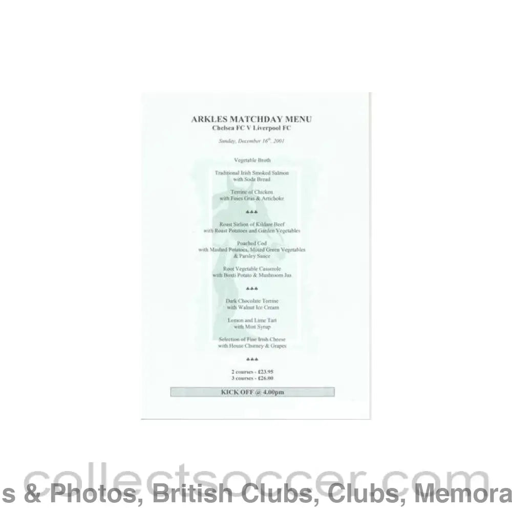 2001 - Chelsea v Liverpool Arkles menu 16/12/2001