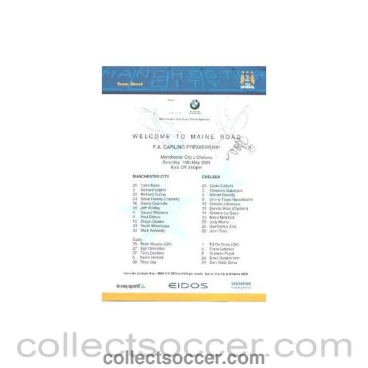 2001 - Manchester City v Chelsea signed teamsheet 19/05/2001 Premier League