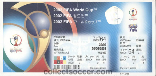 2002 World Cup Final Brazil v Germany Match 64 Unused Media Ticket