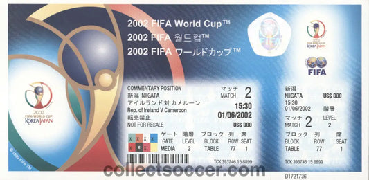2002 World Cup Match 2 Ireland v Cameroon Unused Media Ticket