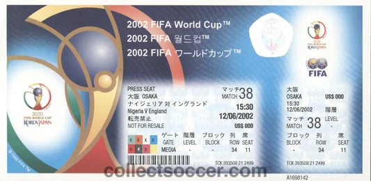 2002 World Cup Match 38 Nigeria v England Unused Media Ticket