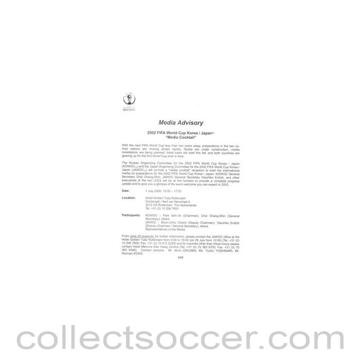 2002 World Cup - Media Advisory for a Media Cocktail