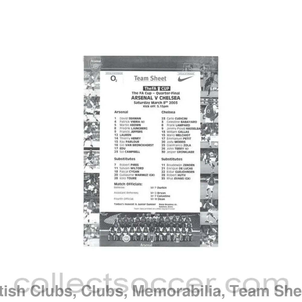 2003 - Arsenal v Chelsea official black & white teamsheet 08/03/2003 F.A. Cup Quarter-Final