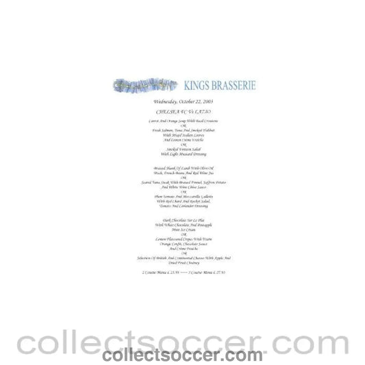 2003 - Chelsea v Lazio Kings Brasserie menu 22/10/2003