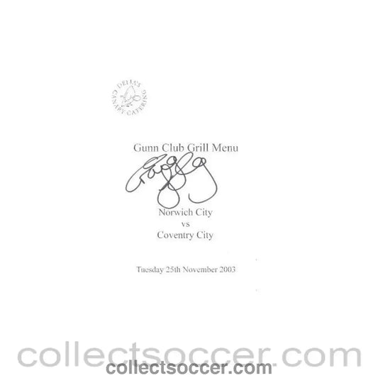 2003 - Norwich City v Coventry City signed menu 25/11/2003