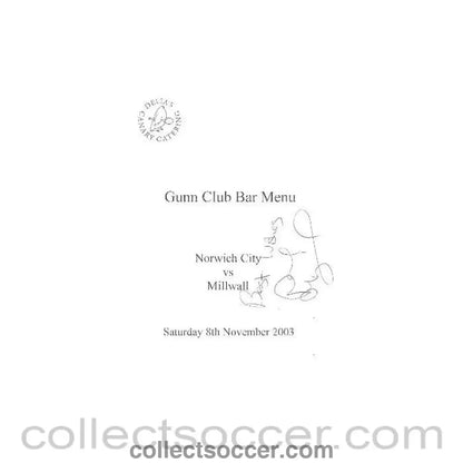 2003 - Norwich City v Millwall signed menu 08/11/2003