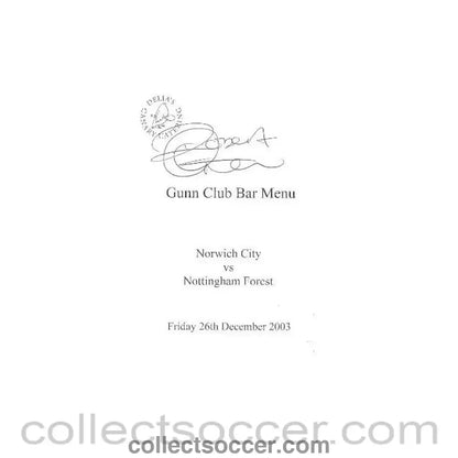 2003 - Norwich City v Nottingham Forest signed menu 26/12/2003
