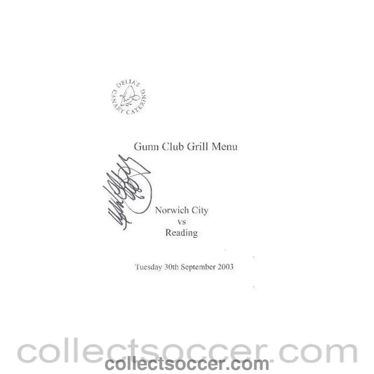 2003 - Norwich City v Reading signed menu 30/09/2003