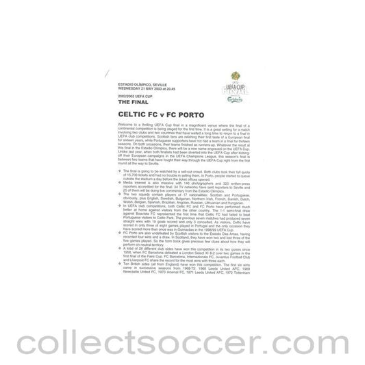 2003 UEFA Cup Final Celtic v Porto press pack 21/05/2003, without folder