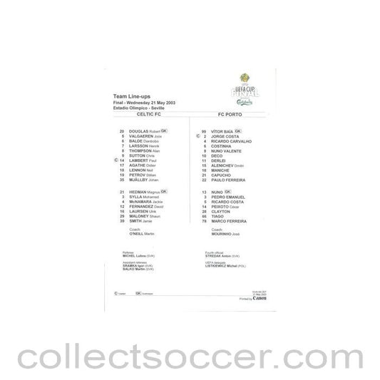 2003 UEFA Cup Final Celtic v Porto Original teamsheet 21/05/2003