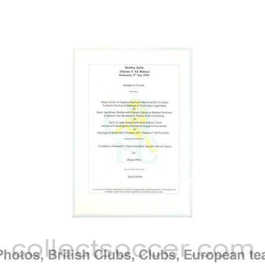 2004 - Chelsea v Monaco Bentley’s menu 05/05/2004
