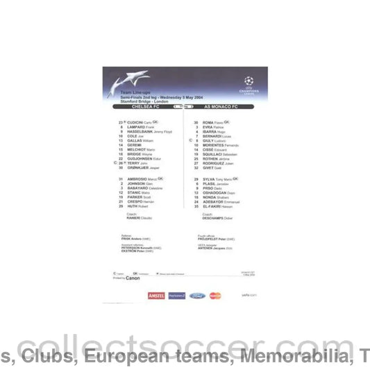 2004 - Chelsea v Monaco teamsheet 05/05/2004 Champions League Semi-Final