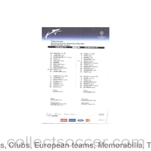 2004 - Chelsea v Monaco teamsheet 05/05/2004 Champions League Semi-Final half price