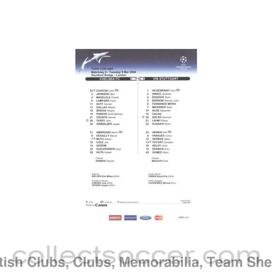 2004 - Chelsea v Stuttgart official colour teamsheet 09/03/2004 Champions League