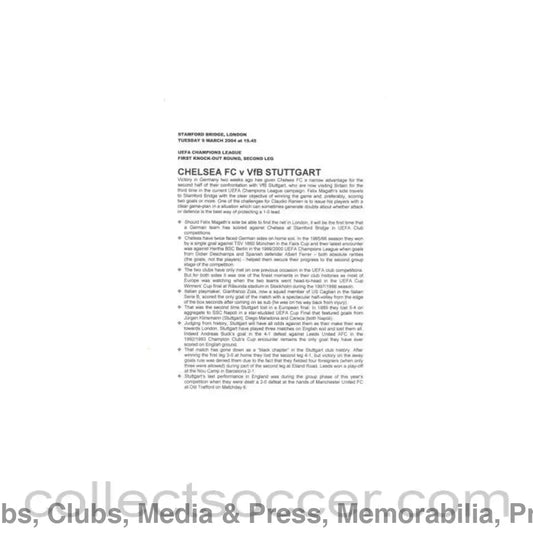 2004 - Chelsea v Stuttgart press pack 09/03/2004 Champions League