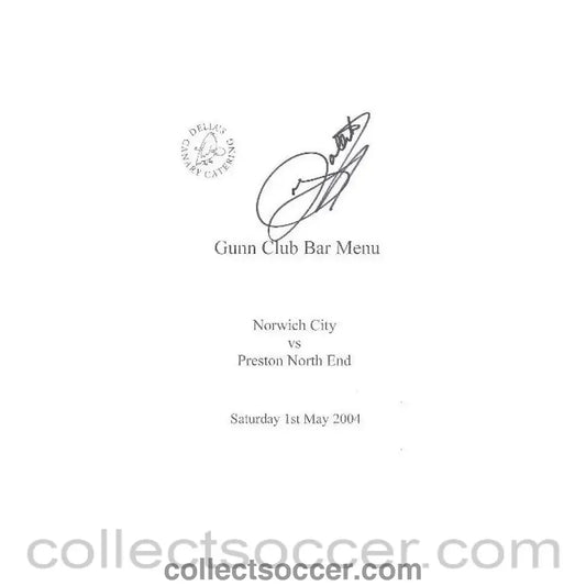 2004 - Norwich City v Preston North End signed menu 01/05/2004