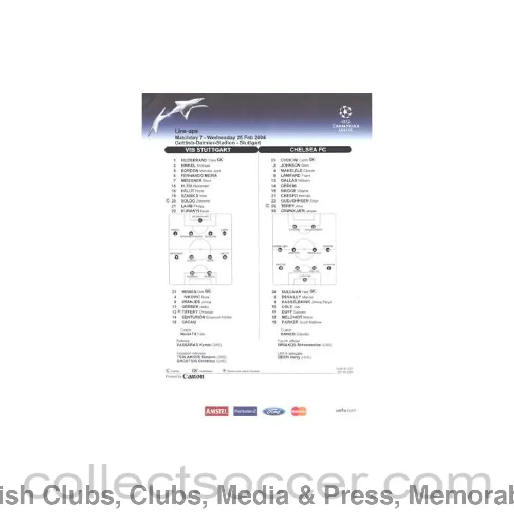 2004 - Stuttgart v Chelsea line-ups 25/02/2004 Chamions League