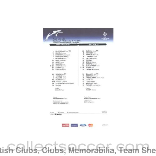 2004 - Stuttgart v Chelsea teamsheet 25/02/2004 Chamions League