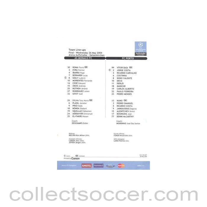 2004 Champions League Final Monaco v Porto Line-Ups
