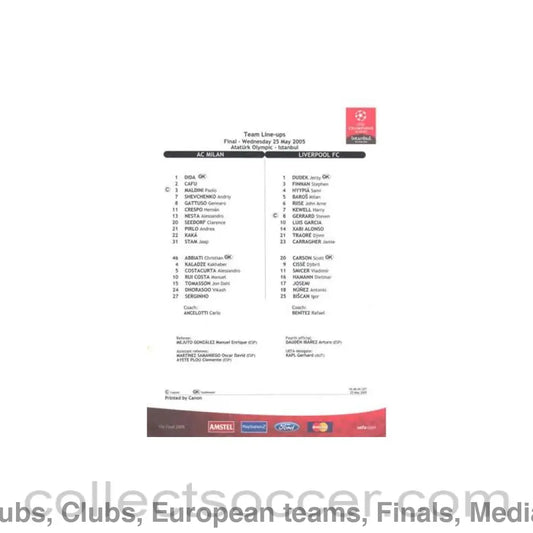 2005 Champions League Final Team Line-Ups Milan v Liverpool 25/05/2005 in Istanbul