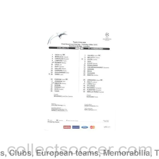 2005 - Chelsea v Barcelona official colour teamsheet 08/03/2005 Champions League