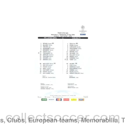 2006 - Levski Sofia Bulgaria v Chelsea official colour teamsheet 27/09/2006 Champions League