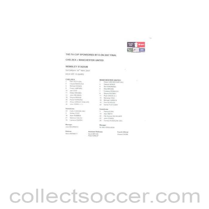 2007 F.A. Cup Final Chelsea v Manchester United official colour teamsheet 19/05/2007