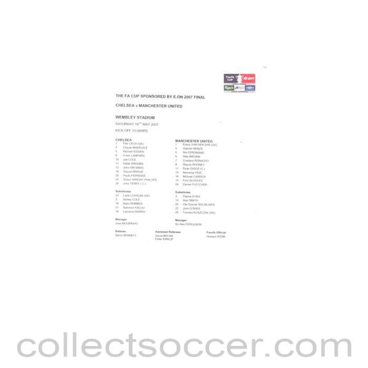 2007 F.A. Cup Final Chelsea v Manchester United official colour teamsheet 19/05/2007
