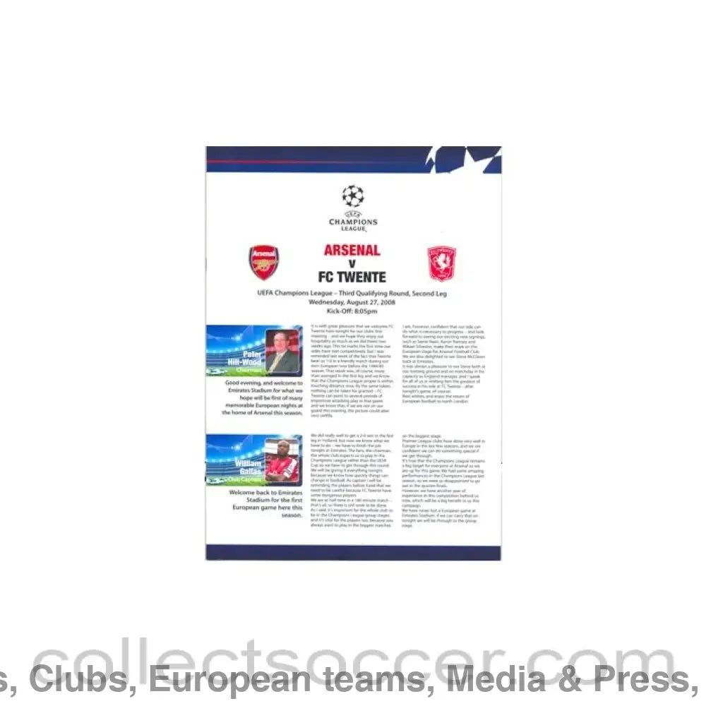 2008 - Arsenal v FC Twente press pack 27/08/2008