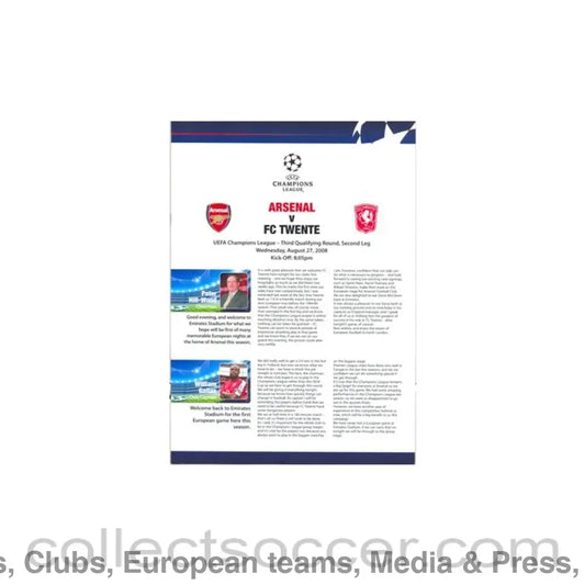 2008 - Arsenal v FC Twente press pack 27/08/2008
